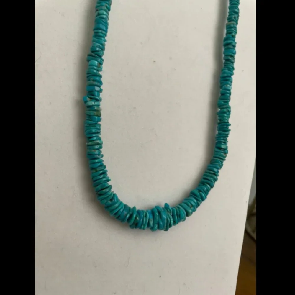 Turquoise Stacked Stone Chip Heishi Necklace w/ Sterling Silver Chain Clasp - Picture 3 of 4